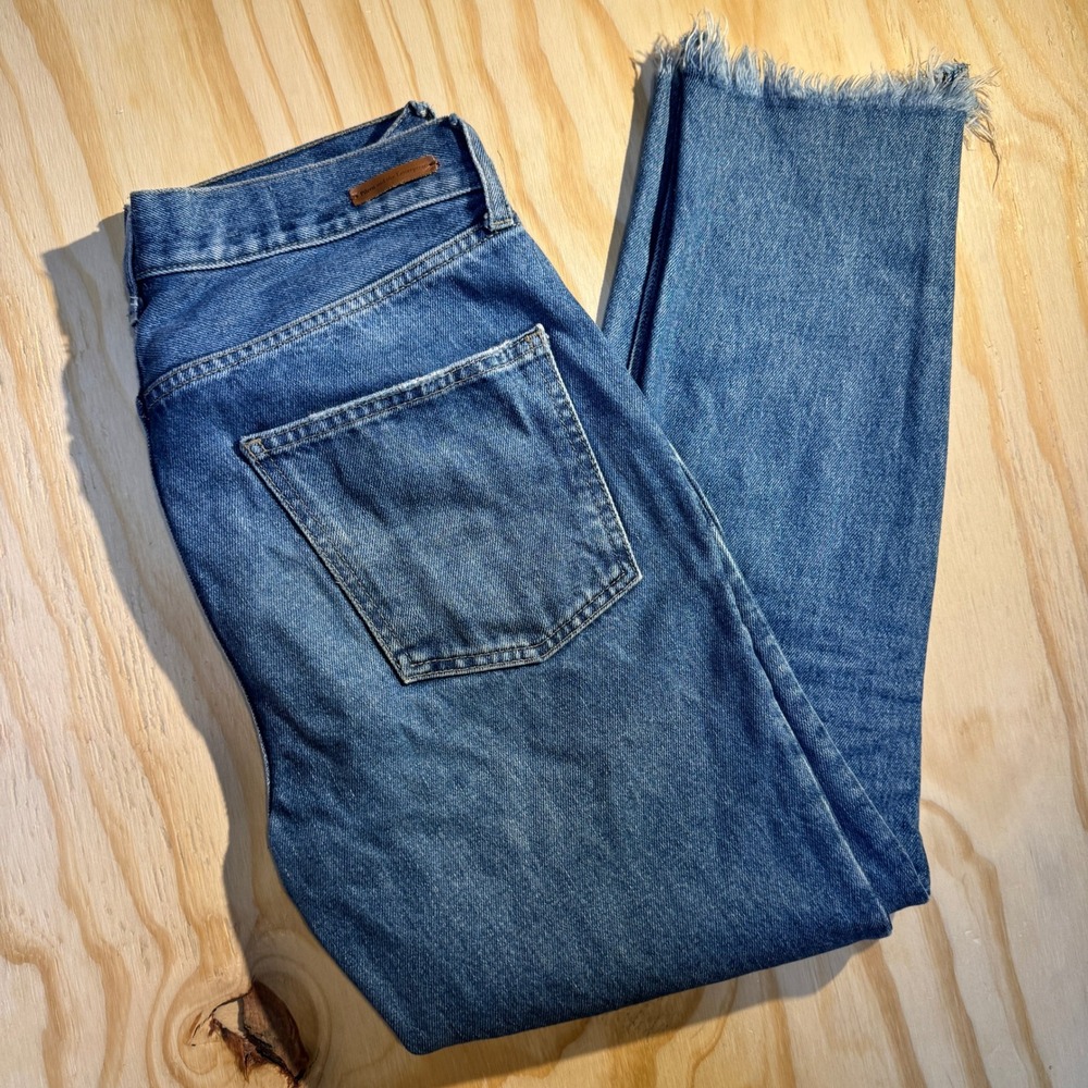 Pilcro and the Letterpress Blue Straight Leg Raw Hem Jeans Women Size 27